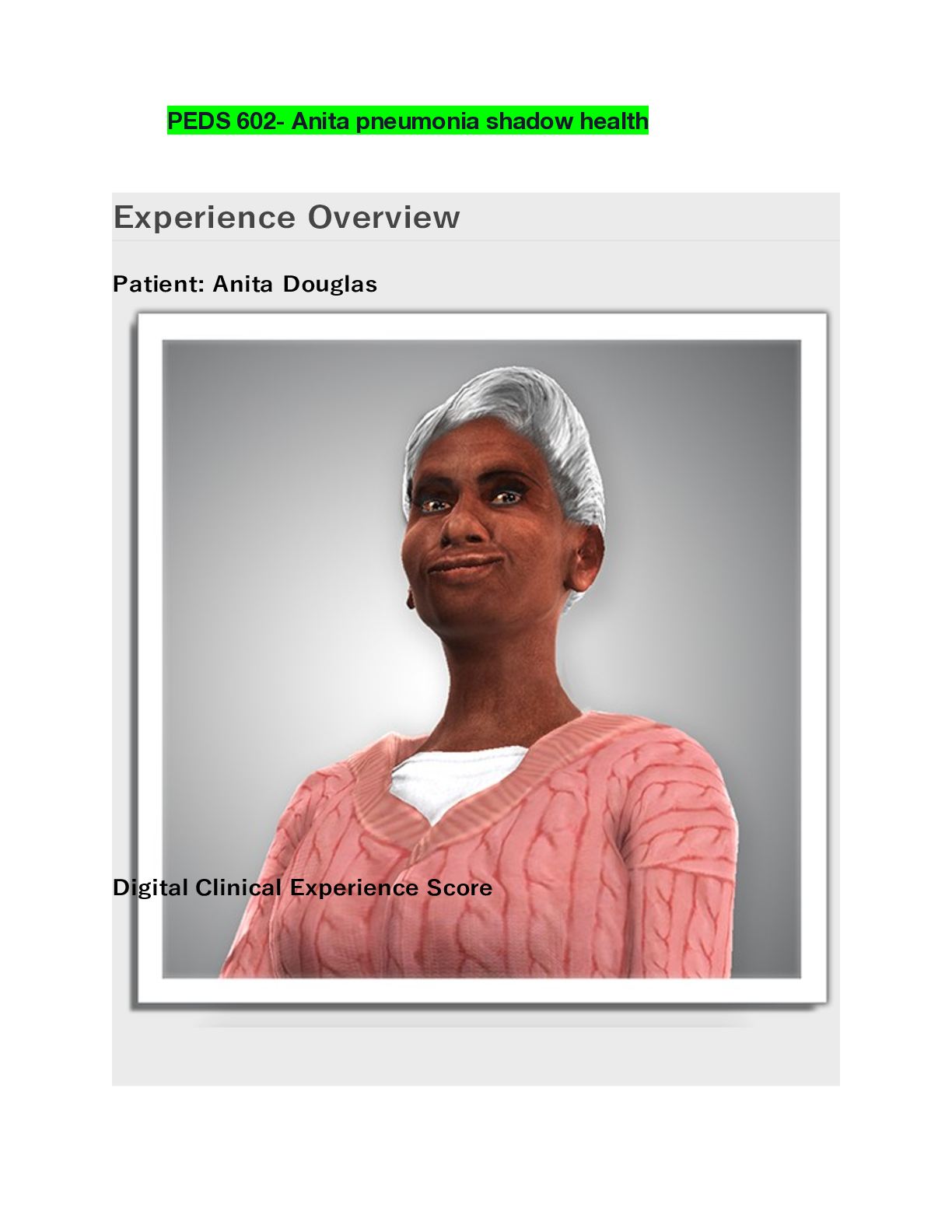 Preview of PEDS 602- Anita pneumonia shadow health